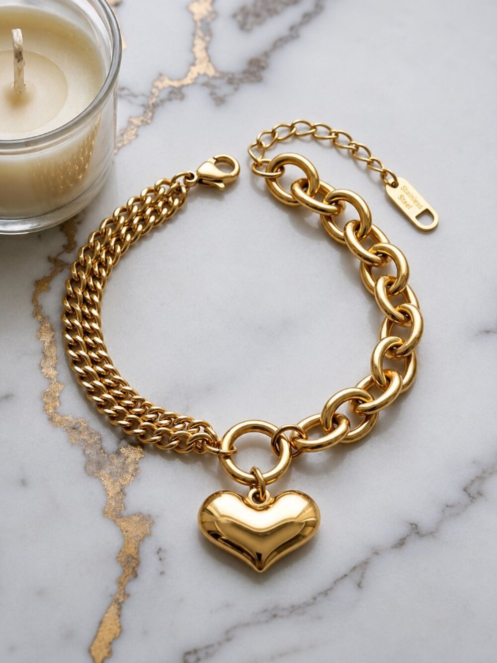 Heart Charm Double Chain Bracelet 18K Gold Plated Stainless Steel Chunky 6-8"